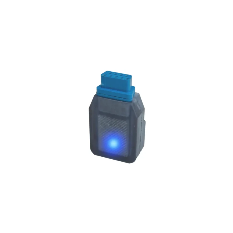 Gray electronic device with a blue LED glowing through a vent, topped by a blue 2x4 LEGO-like connector