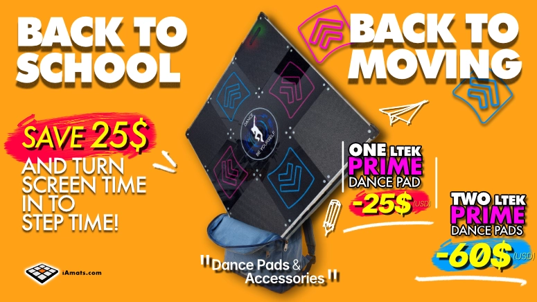 BTS_prime_mat - Interactive Mats L-TEK Back to School and Back to Moving promotional banner for iAmats.com showing an L-TEK Prime dance pad next to a backpack, advertising $25 off one pad and $60 off two pads.