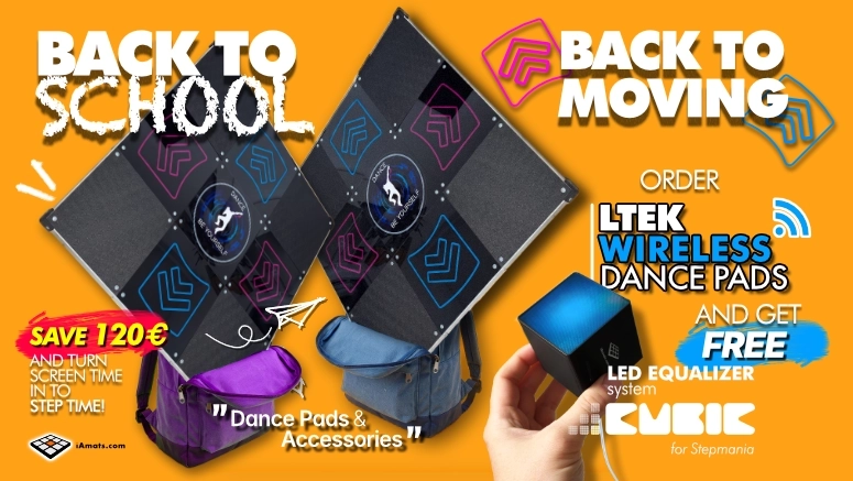 BTS_wireless_dance_pad_iamats - Interactive Mats L-TEK Back to School and Back to Moving promotional banner for iAmats.com showing two L-TEK Wireless dance pads with backpacks, advertising a free CUBIC LED equalizer system with every LTEK Wireless Dance Pad order.