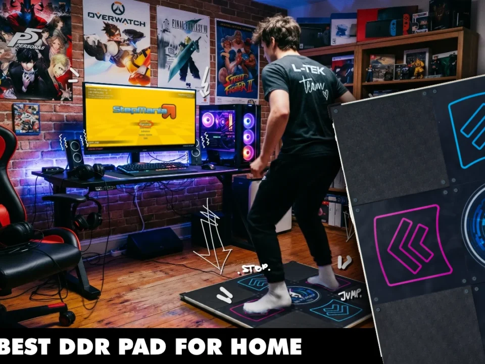 Best_ddr_pad_for_home - Interactive Mats L-TEK Gamer on a DDR-style dance pad in a home setup with a monitor, PC, and posters on a brick wall behind him.