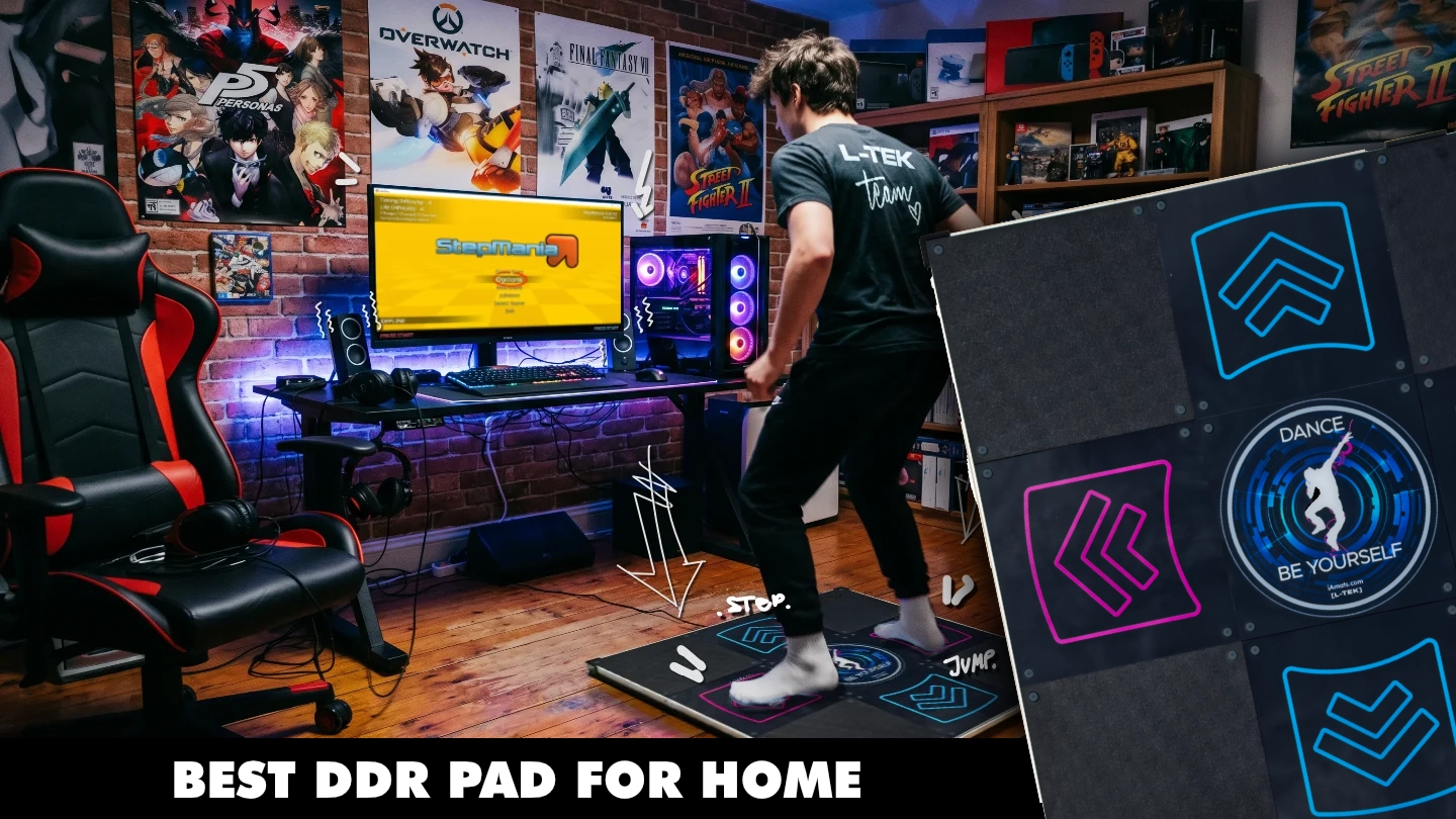 A complete home DDR setup: an L-TEK hard dance pad in front of a TV running a rhythm game simulator in a living room, with no arcade cabinet in sight.