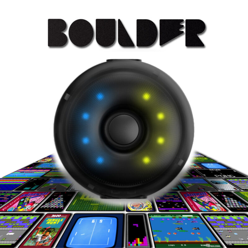 Logo 'BOUNDER' above a large black speaker with blue and yellow LED rings, hovering over a floor of retro game screenshots.