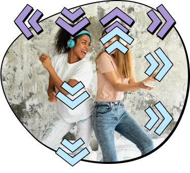 Frame-1251 - Interactive Mats L-TEK Two friends dancing and smiling to music, wearing headphones, with purple and blue chevron graphics over a textured wall backdrop.