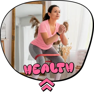 Frame-1292 - Interactive Mats L-TEK Woman wearing a pink top and gray leggings performing a squat indoors; 'HEALTHY' appears in pink letters at the bottom.