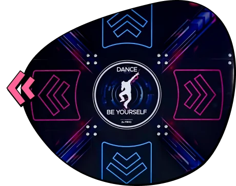 Group-153-2 - Interactive Mats L-TEK Circular neon dance logo with a dancer silhouette at the center and the words 'DANCE BE YOURSELF', surrounded by glowing blue and pink arrow motifs.