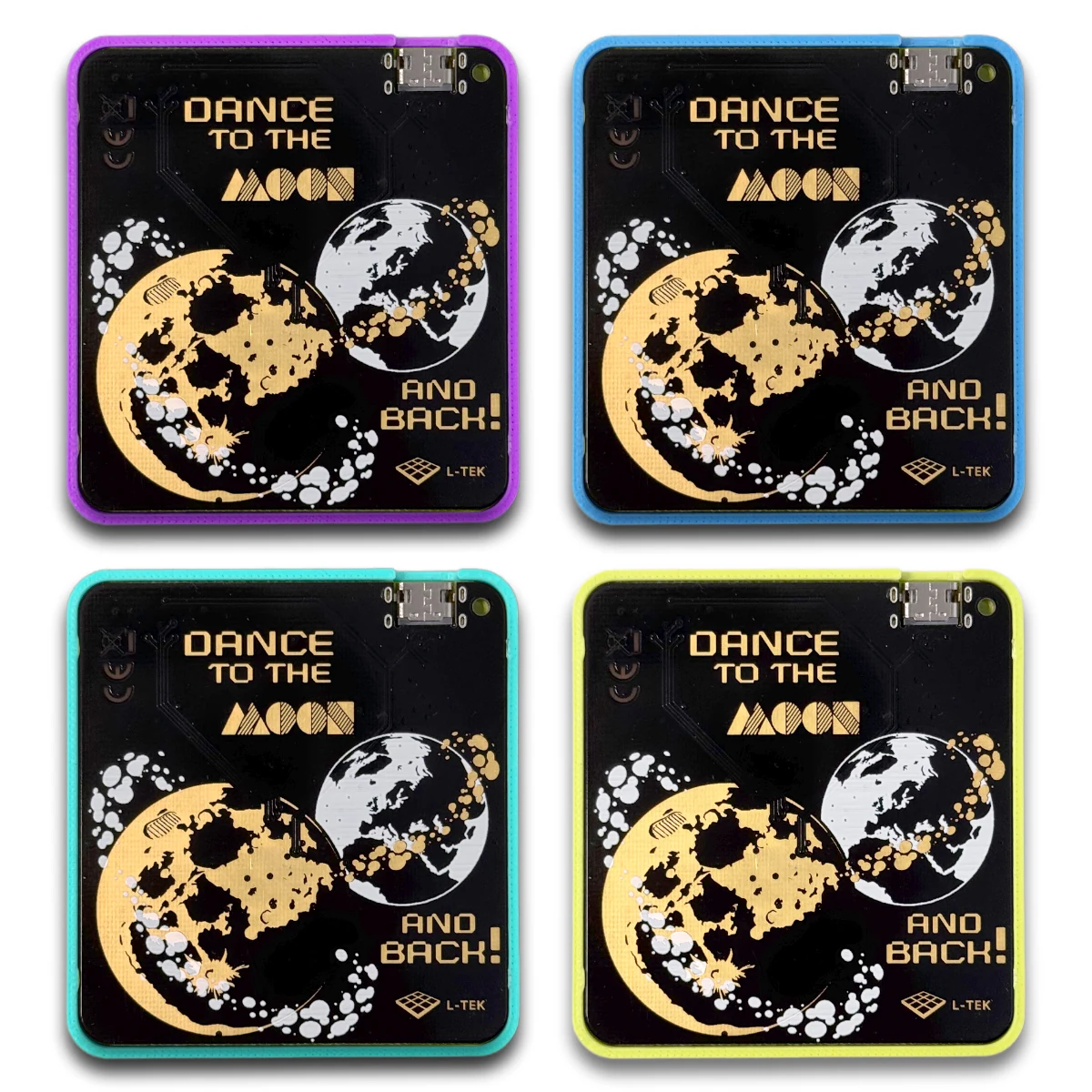 Mini-Finger-Mat-Cover-02 - Interactive Mats L-TEK Four square tiles with a black graphic saying 'DANCE TO THE MOON AND BACK!', each framed in a different color: purple, blue, turquoise, and yellow.