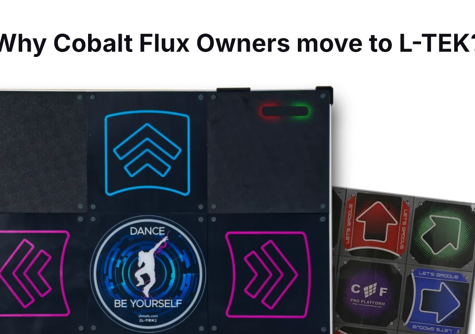 Comparison of two dance pads: L-TEK Dance Pad with neon-lit arrows in blue and pink, and Cobalt Flux Pro Platform — illustrating why DDR and StepMania players switch to L-TEK