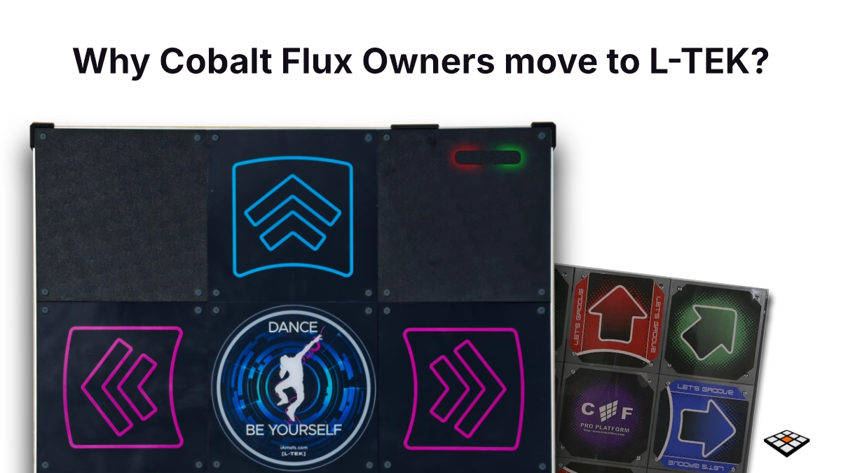 L-TEK vs Cobalt Flux – Why Cobalt Flux Owners Switch to L-TEK Dance Pad - Interactive Mats L-TEK Comparison of two dance pads: L-TEK Dance Pad with neon-lit arrows in blue and pink, and Cobalt Flux Pro Platform — illustrating why DDR and StepMania players switch to L-TEK