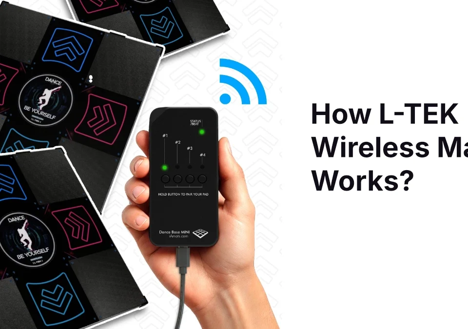 A hand holding the L-TEK Dance Base MINI wireless receiver next to two L-TEK dance pads — explaining how the L-TEK wireless mat pairing system works