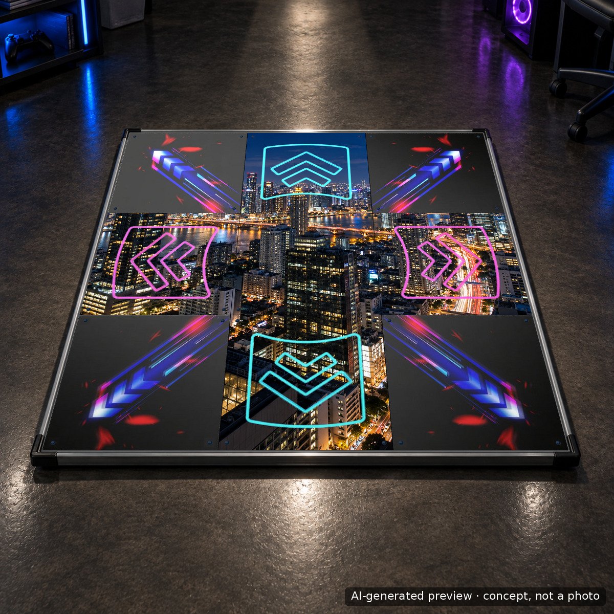 中央に夜のスカイラインの写真が広がり、4本の矢印がプリントされた「LTEK PRO X」ダンスマット。室内で撮影された写真。