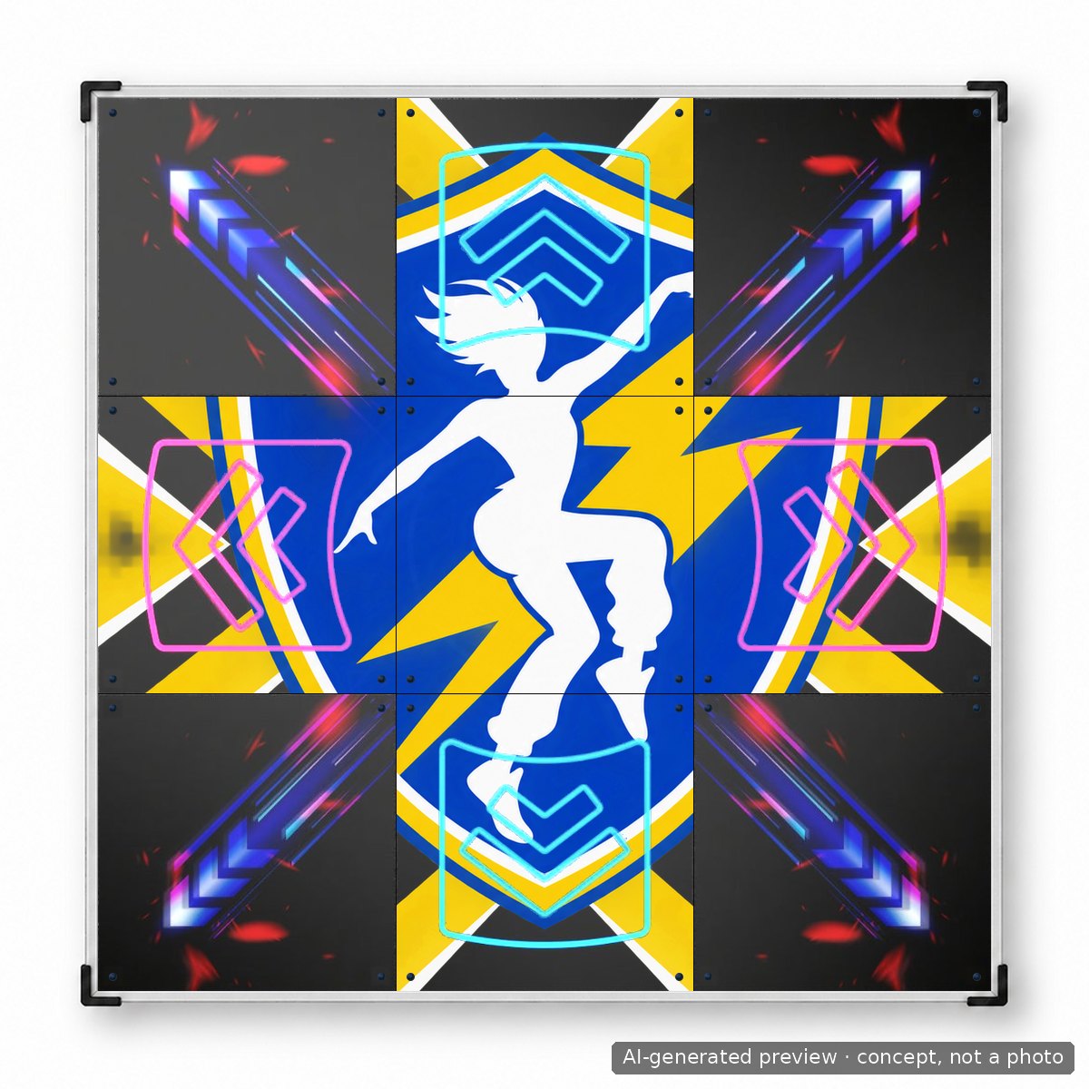 LTEK PRO X ダンスマットを上から見た様子。5つのパネルにチームカラーとエンブレムが配され、中央のパネルには4本の矢印がプリントされている。