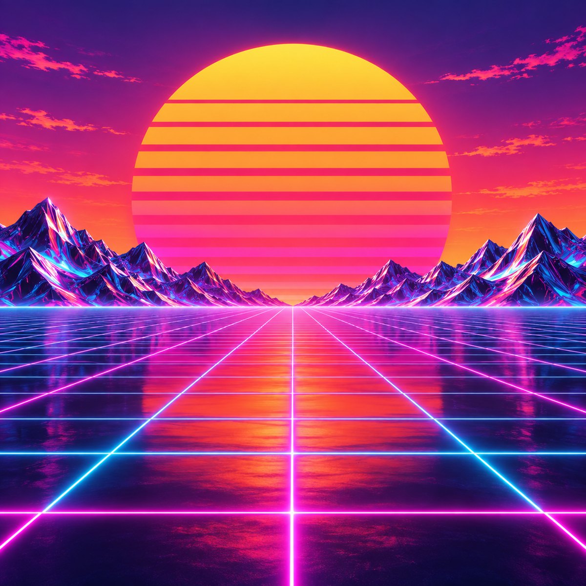 5つのパネルにまたがるAIシンセウェーブの夕日：アップロードされたままのフラットなアートワーク