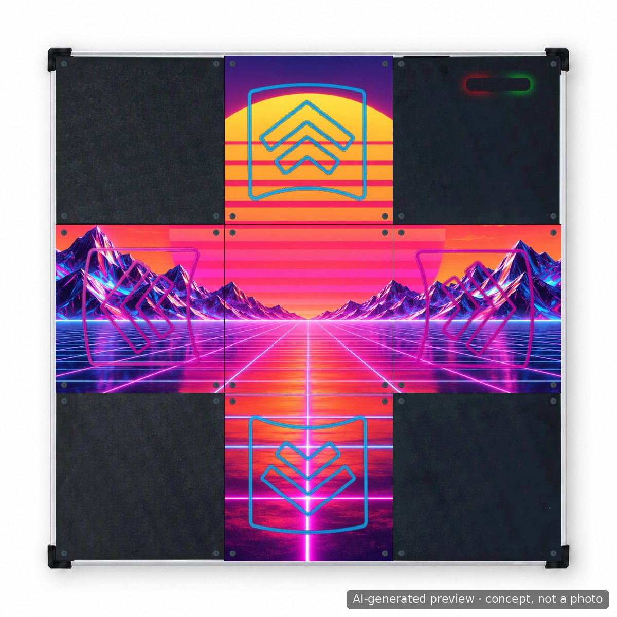 LTEK Primeのダンスマットを上から見た様子。5つのパネル全体にAIシンセウェーブの夕日が描かれ、中央のパネルと4つの矢印がプリントされている。