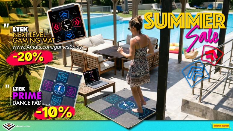 baner_10_06_2026 - Interactive Mats L-TEK Advertisement banner: a woman stands on a poolside dance mat display with bold 'SUMMER Sale', -20% and -10% discount badges, promoting LITEK gaming mats and Prime Dance Pad by the poolside.