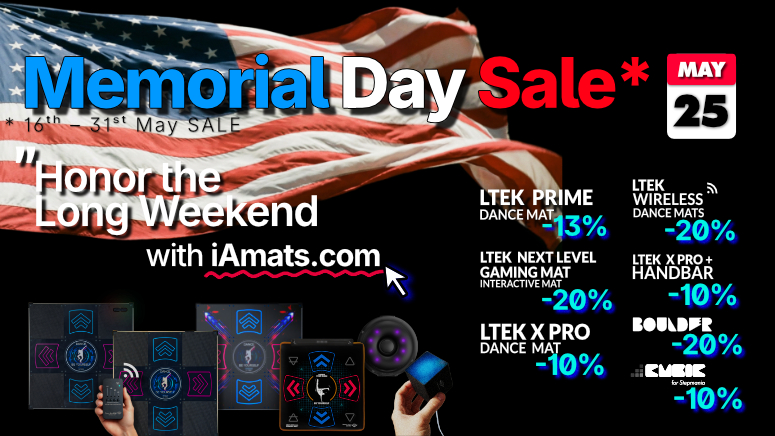 Memorial Day sale banner with an American flag background, bold blue 'Memorial Day Sale' text and date May 25, plus 'Honor the Long Weekend with iAmats.com' callout.