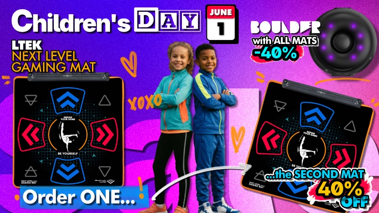 baner_29_05_2026 - Interactive Mats L-TEK Promotional banner for Children’s Day featuring two kids in athletic outfits with colorful gaming mats and 40% off text on a purple background.