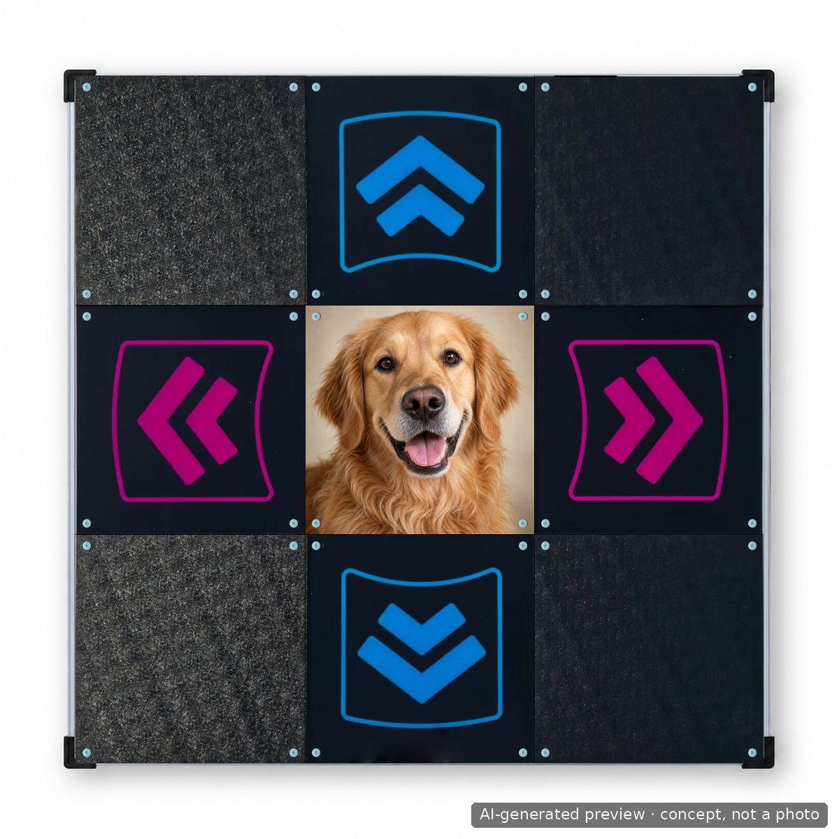 LTEK Coreのダンスマットを上から見た様子。中央パネルには愛犬の写真が印刷されています。中央パネルには印刷が施されています。