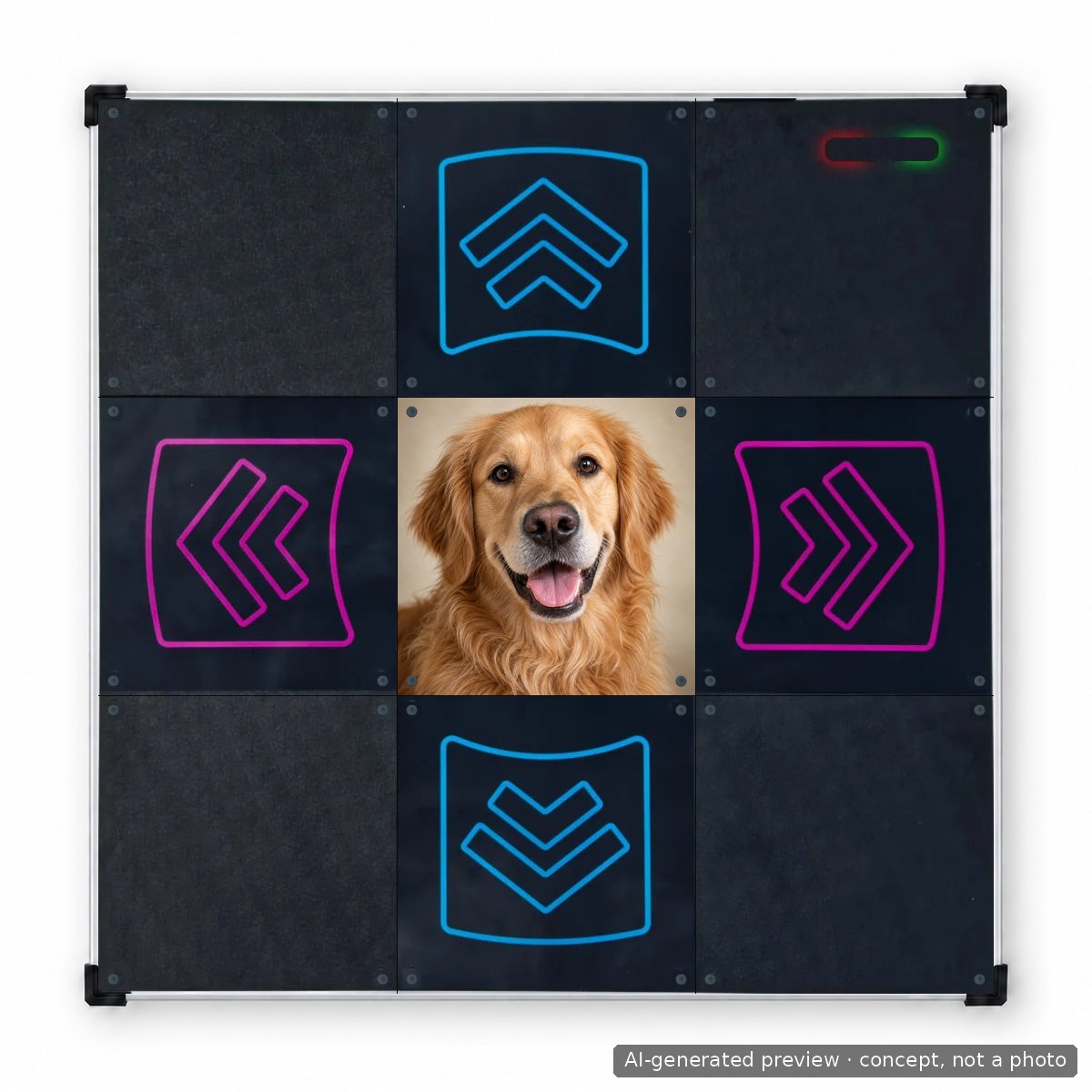 LTEK Primeのダンスマットを上から見た様子。中央パネルには愛犬の写真が印刷されています。中央パネルには印刷が施されています。
