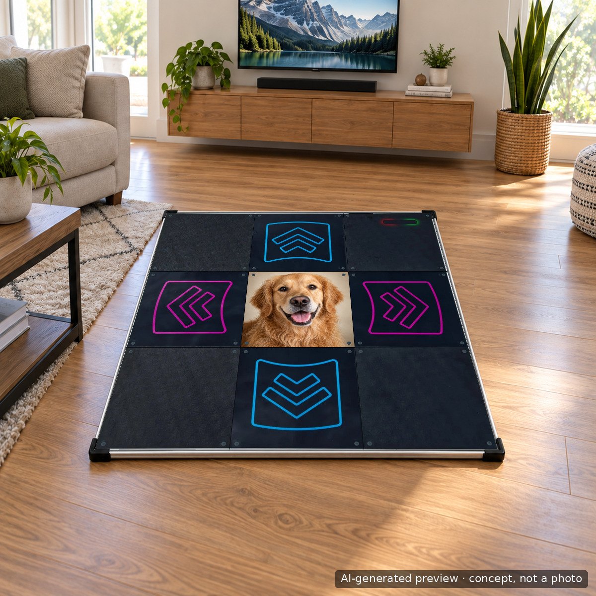 中央のパネルに愛犬の写真がプリントされたLTEK Primeのダンスマット。室内で撮影されたもの。