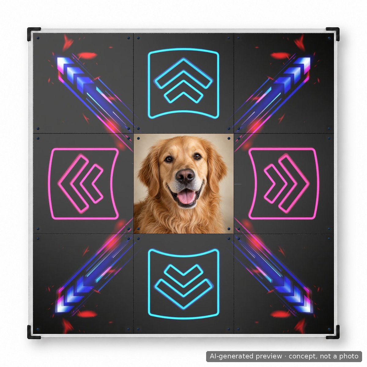 LTEK PRO X ダンスマットを上から見た様子。中央パネルには愛犬の写真が印刷されています。中央パネルには印刷が施されています。