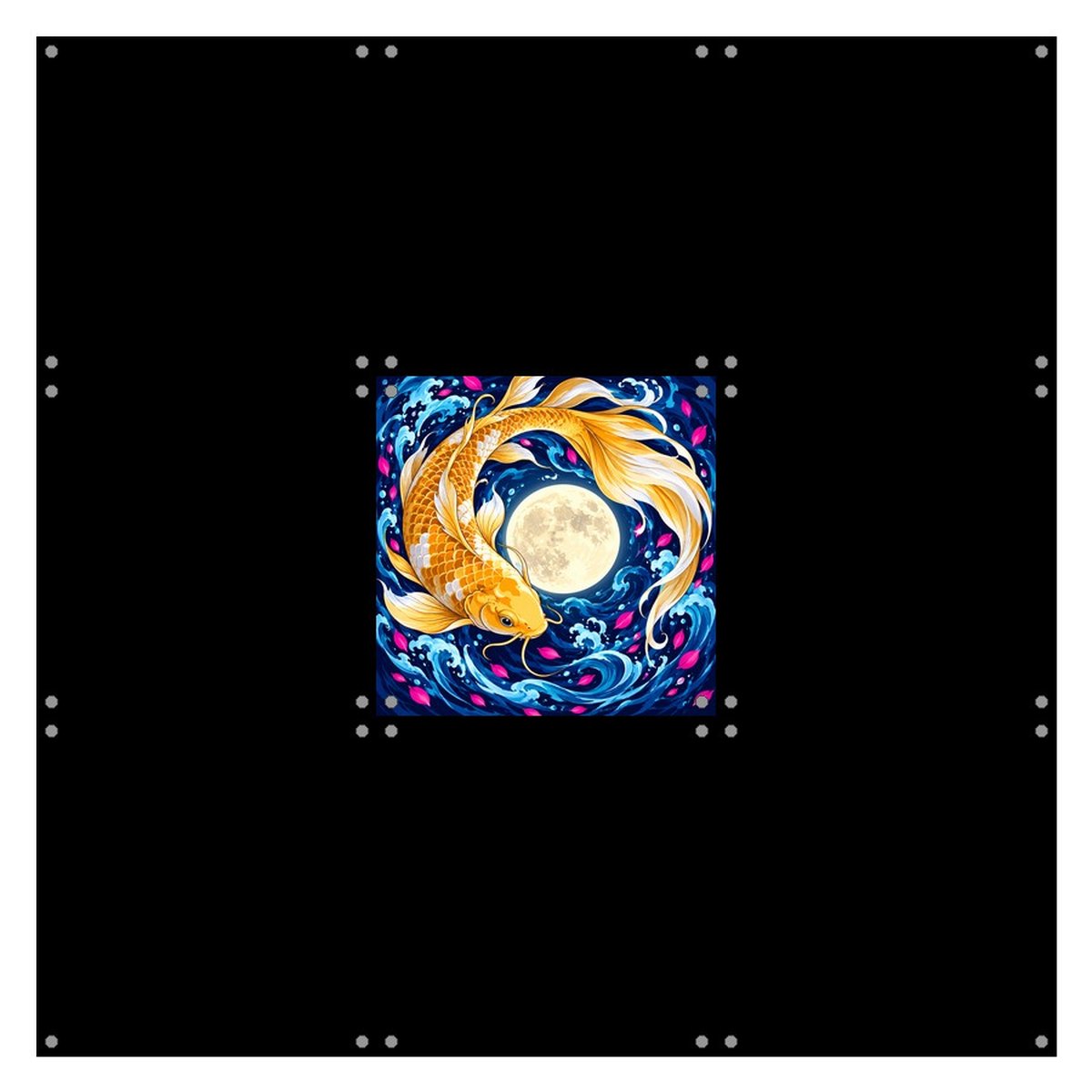 中央のパネルにはAIが生成した鯉のアートワークが描かれています。3×3のグリッドのうち、どのパネルにこのプリントが施されているのでしょうか。