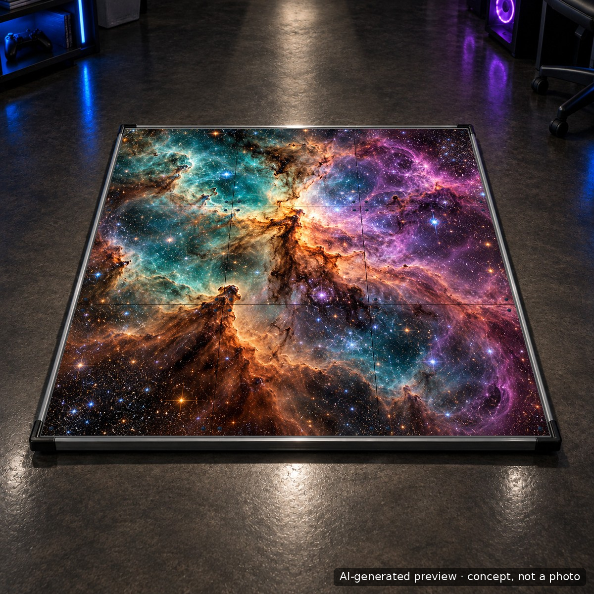 panneaux-personnalisés-nebula-9-panneaux-pro-x-room-v14 - Interactive Mats L-TEK L-TEK PRO X avec une photo de nébuleuse imprimée sur les neuf panneaux, dans une salle de jeux, aperçu généré par IA