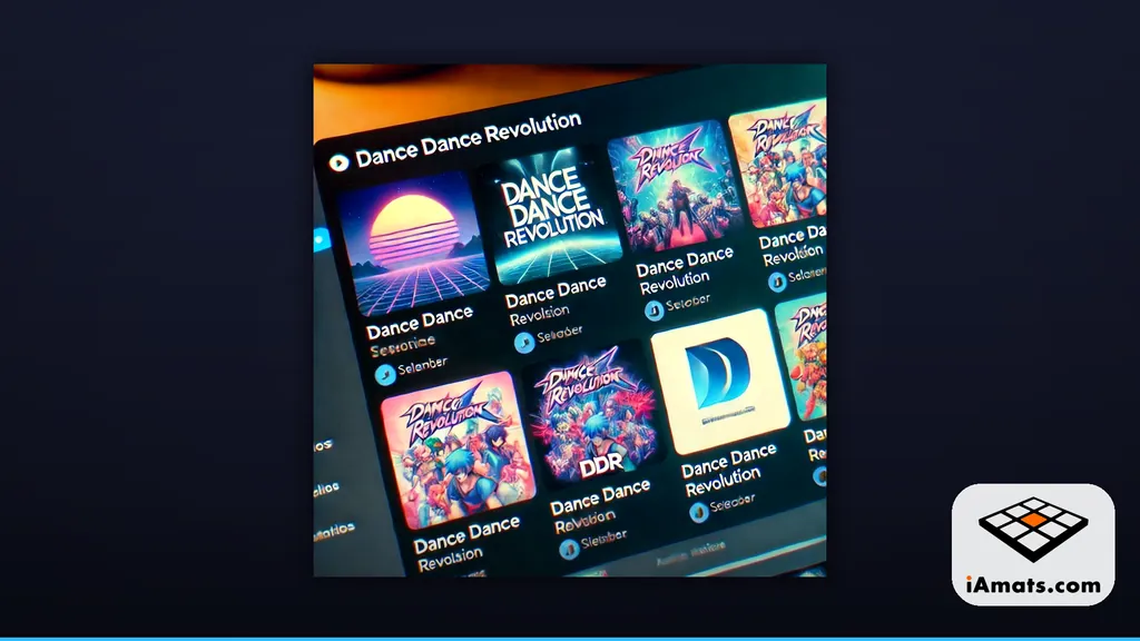 dance-stress-ddr-song-list-1024 - Interactive Mats L-TEK Bildschirm mit einem Raster aus Dance Dance Revolution-Spielsymbolen auf dunkelblauem Hintergrund und einem iAmats-Logo in der unteren rechten Ecke
