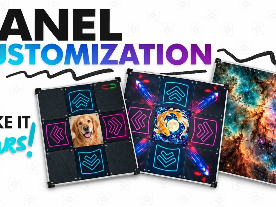 Panel Customization by L-TEK: three dance mats with custom printed panels, make it yours