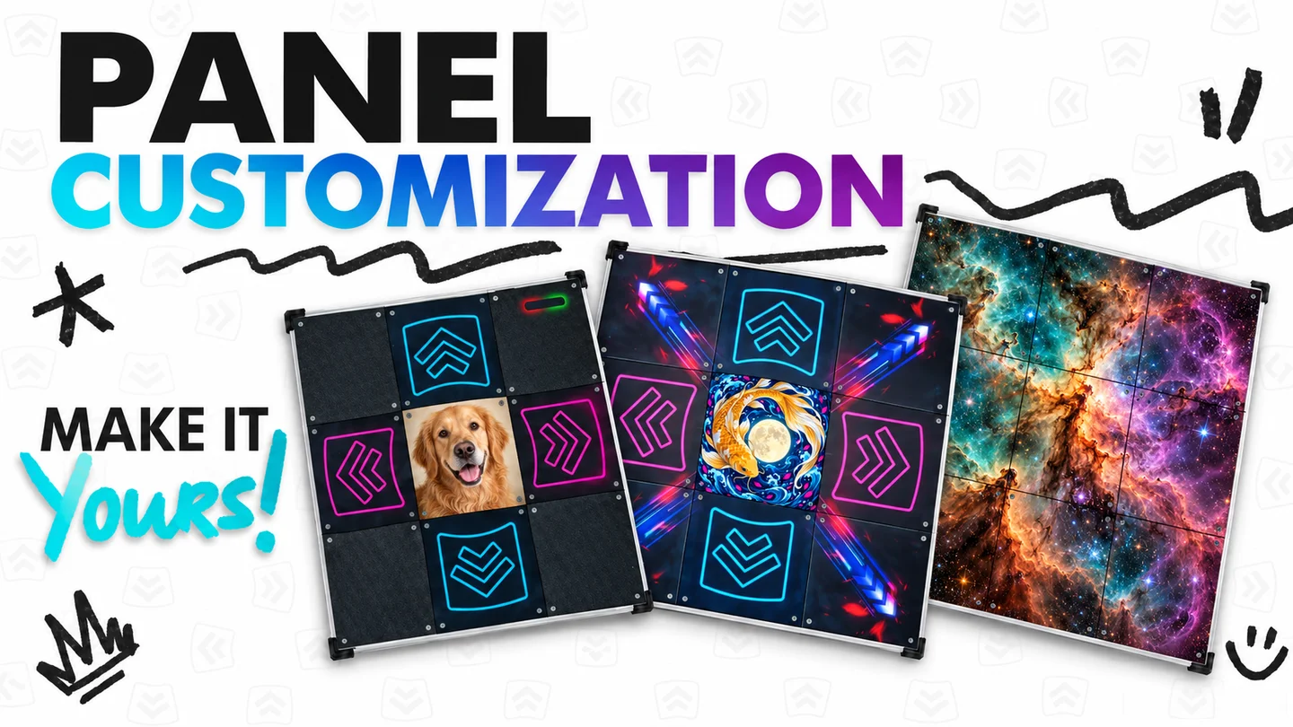 Panel Customization by L-TEK: three dance mats with custom printed panels, make it yours