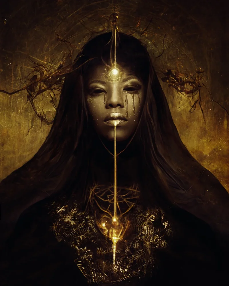 Golden Goddess II von Karolina Skorek: ein golden bemaltes Frauengesicht mit einem Lichtpunkt auf der Stirn und goldenen Ornamenten vor dunklem Hintergrund