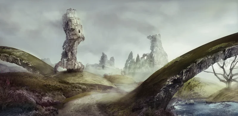 Concept Art von Karolina Skorek aus der Serie Worlds: eine neblige Fantasylandschaft mit Steintürmen und einer bemoosten Felsbrücke über einem Bach
