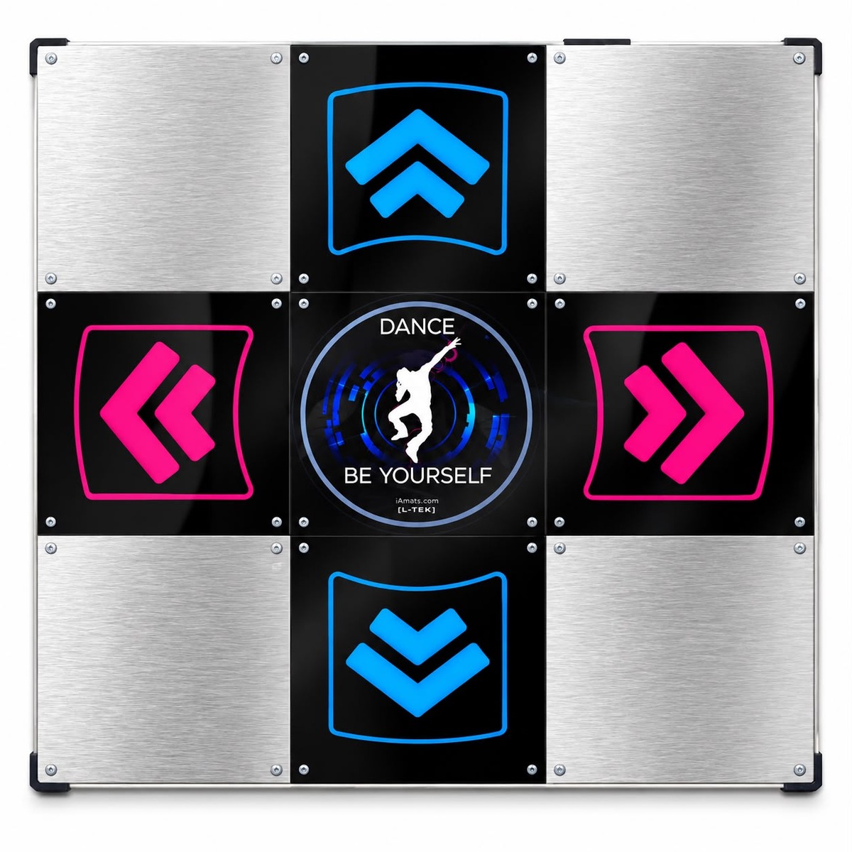 ltek-metal-black-dance-pad-packshot - Interactive Mats L-TEK L-TEK Metal Black hard dance pad on a white background with brushed metal-look panels, pink and blue arrow panels and the DANCE BE YOURSELF center