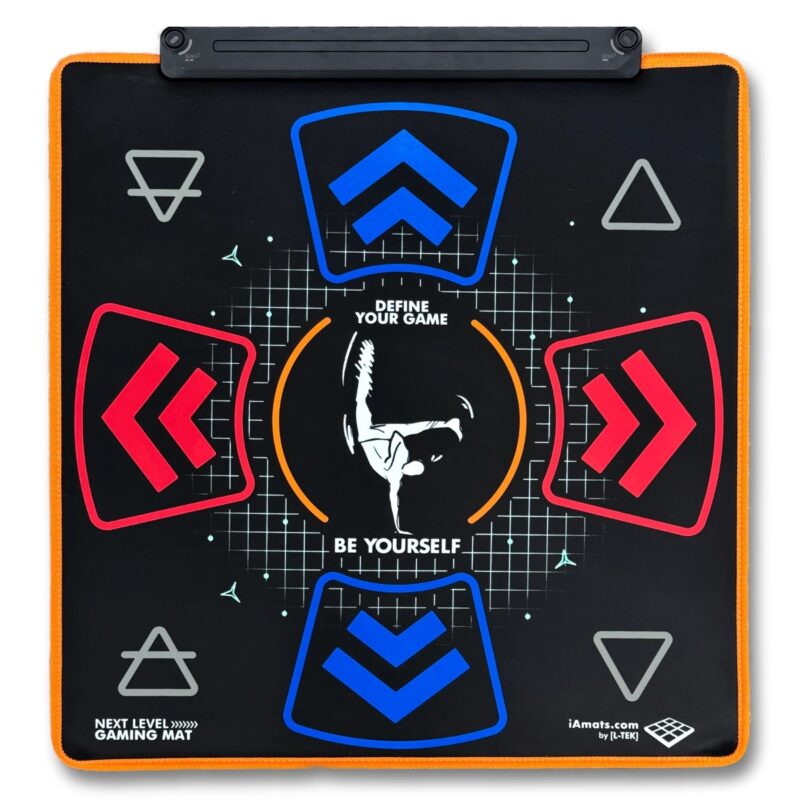 L-TEK Next Level dance pad — black soft mat with orange edging, blue up and down arrows, red left and right arrows, four corner panels and a detachable sensor bar