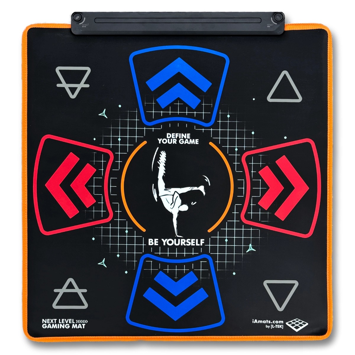 nextlevelgamingmat - Interactive Mats L-TEK L-TEK Next Level dance pad — black soft mat with orange edging, blue up and down arrows, red left and right arrows, four corner panels and a detachable sensor bar