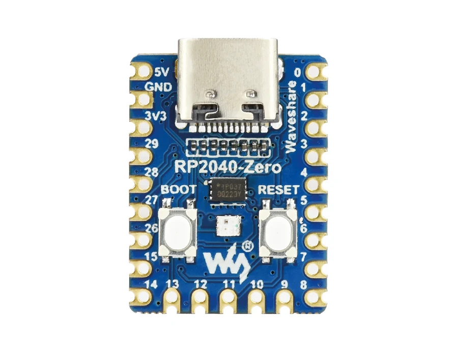 Waveshare RP2040-Zero with USB-C, BOOT and RESET buttons, and labeled GPIO solder pads