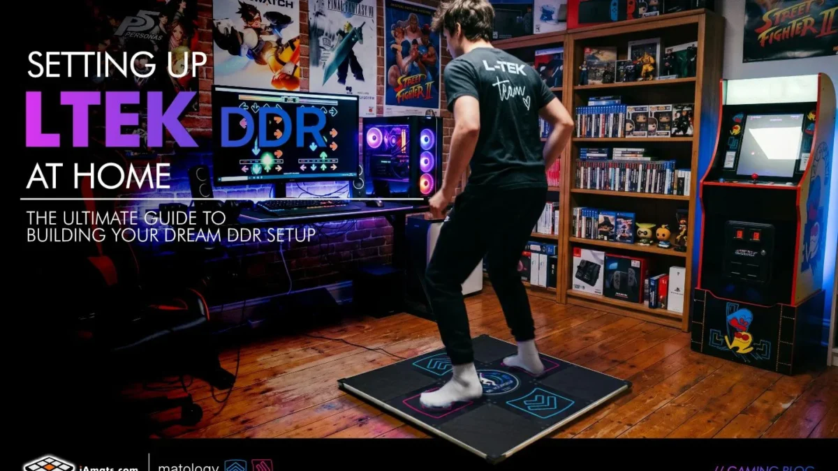 setting_up_LTEK_at_home - Interactive Mats L-TEK Person stands on a glowing LTek DDR pad in a dark, purple-lit home arcade, facing a rhythm game on a large monitor.