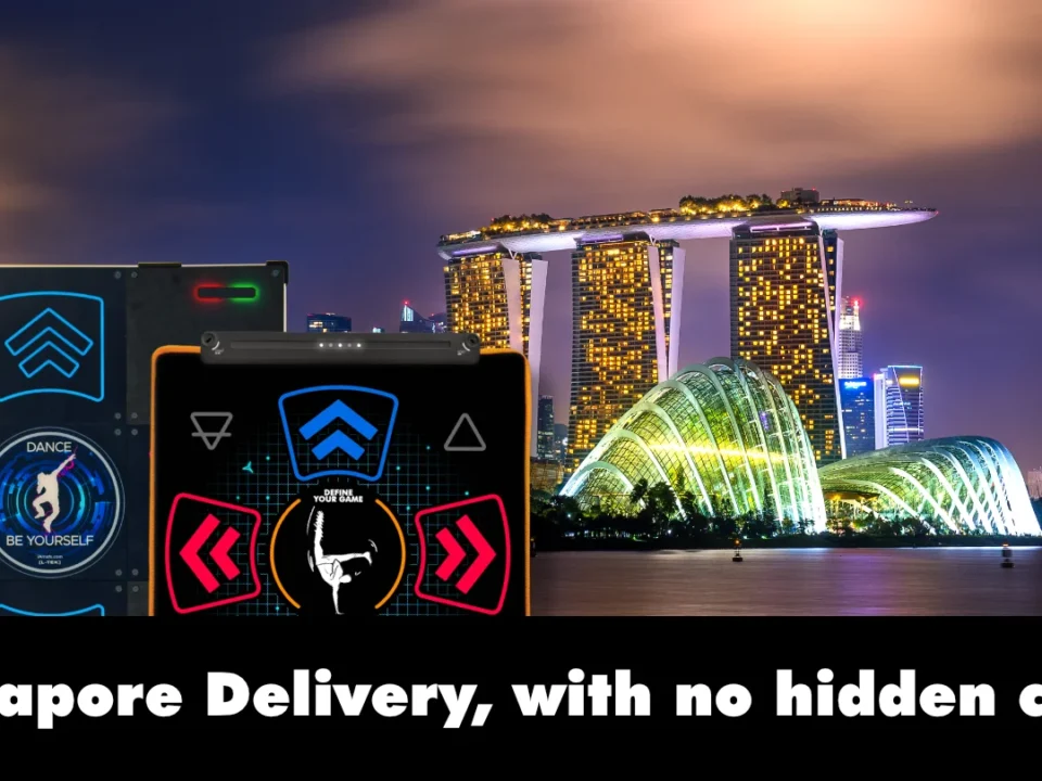 singapore_delivery_banner - Interactive Mats L-TEK Two LTEK dance pads in the foreground with the Singapore skyline and Marina Bay Sands at night in the background, banner text reading Singapore Delivery, with no hidden costs.