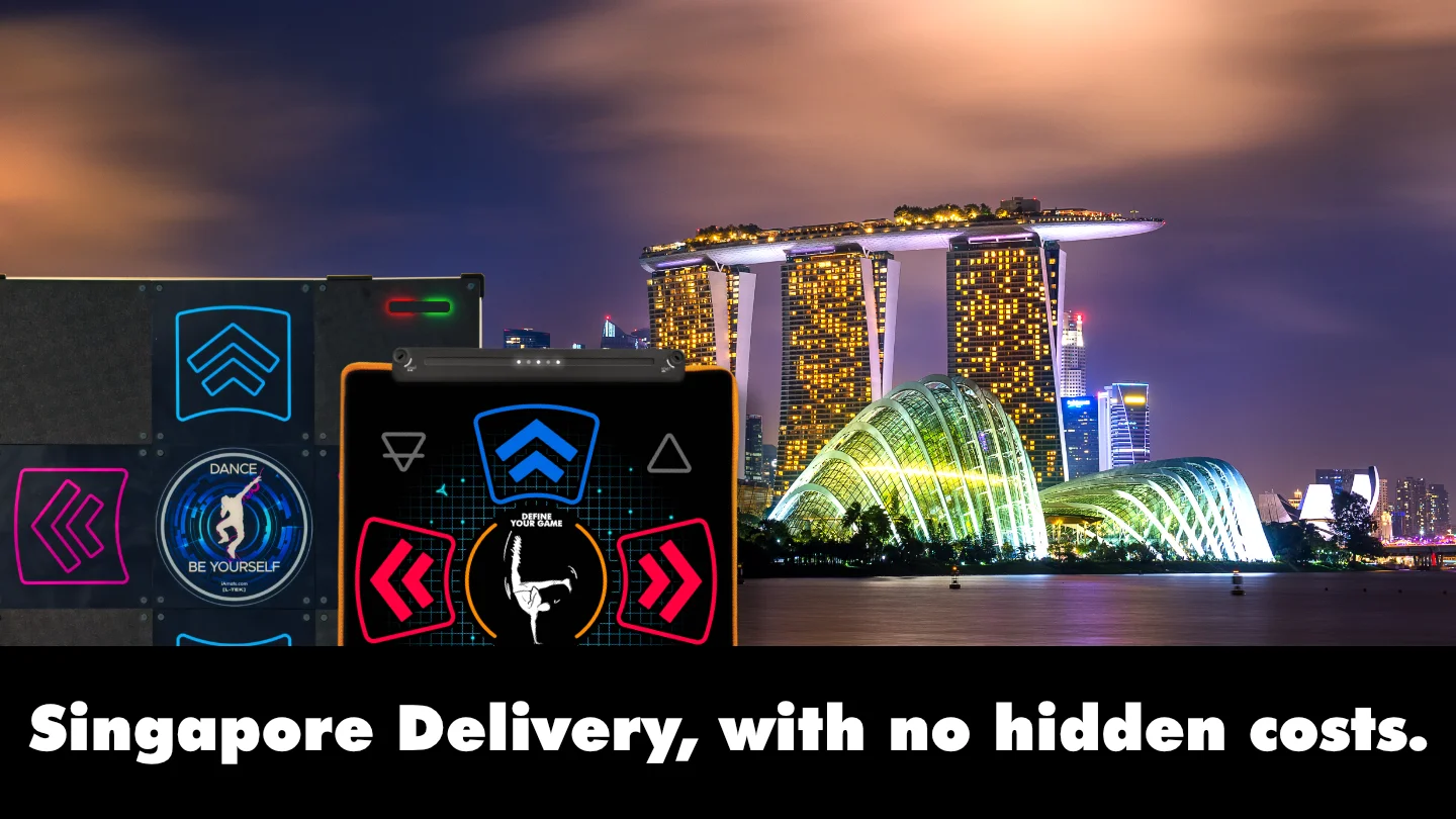 singapore_delivery_banner - Interactive Mats L-TEK Two LTEK dance pads in the foreground with the Singapore skyline and Marina Bay Sands at night in the background, banner text reading Singapore Delivery, with no hidden costs.