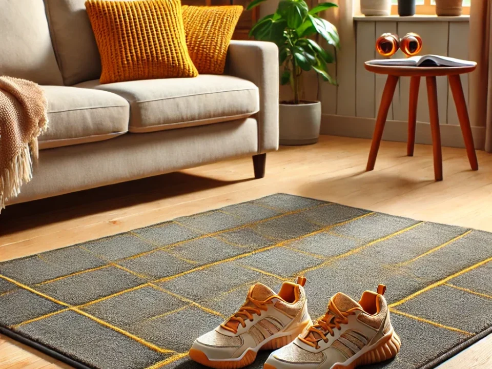 Sport shoes on carpet, soft light, wooden floor, cozy place