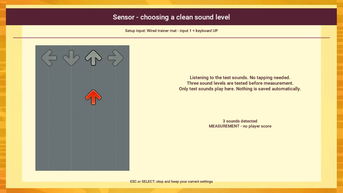 Automatic audio synchronization in StepMania LTEK with the USB sensor detected and arrows on the game screen