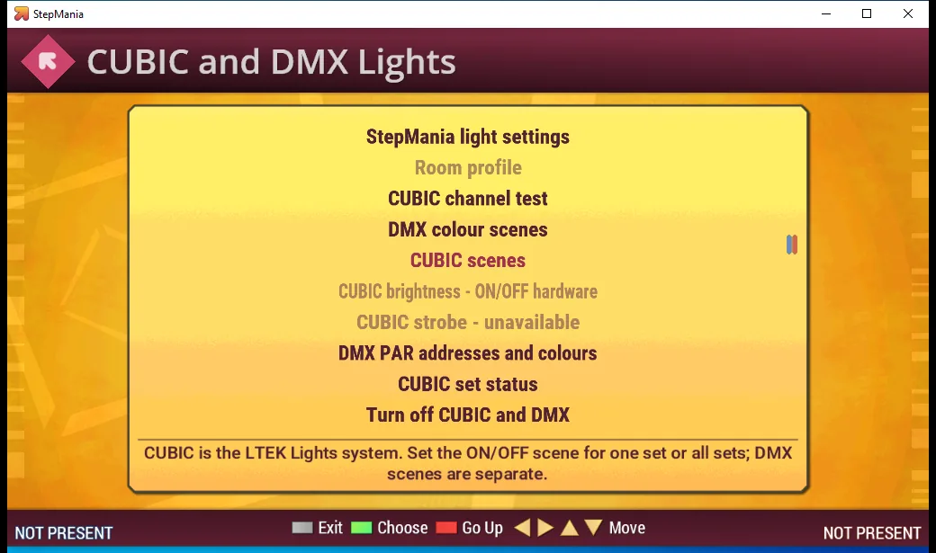 CUBIC and DMX menu with scene selection, colors and lighting set options