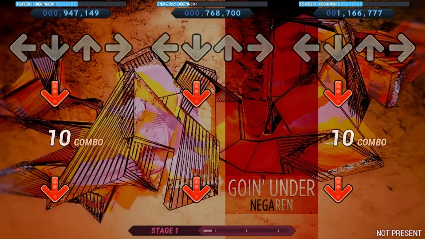 Dance3 in StepMania LTEK: three separate arrow lanes and three player scores