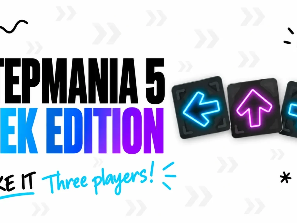 StepMania 5 LTEK Edition cover with the headline STEPMANIA 5 LTEK EDITION and three glowing dance pad arrow panels