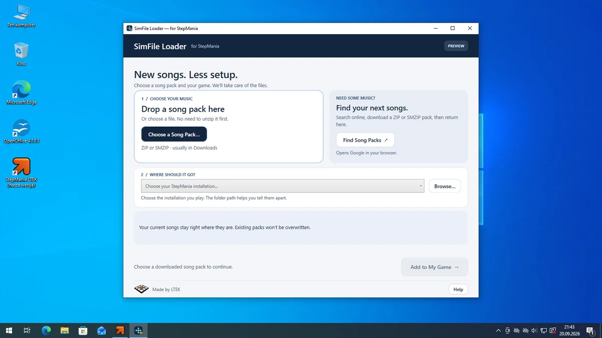 SimFile Loader: choosing a song pack and the target StepMania installation