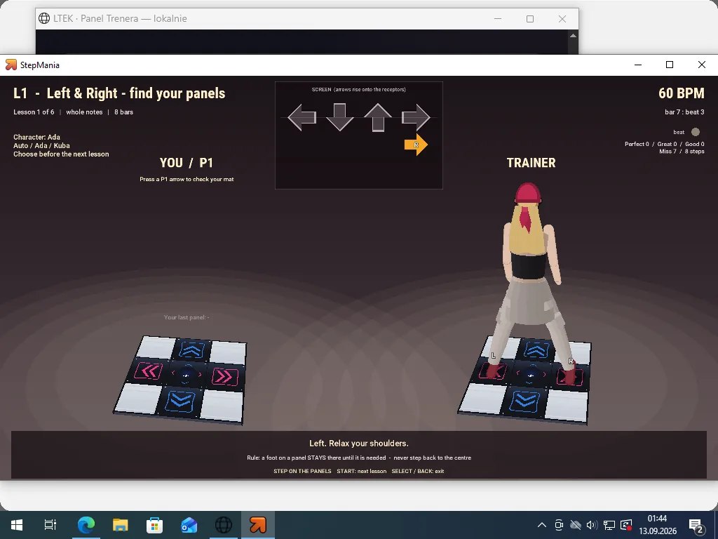 Ada demonstrating steps in the tutorial next to a mat with a live view of player input