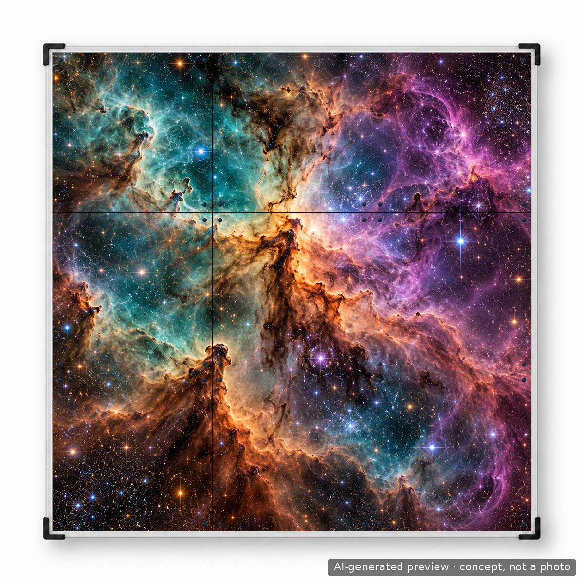 LTEK PRO X ダンスマットを上から見た様子。PRO Xの9つのパネルすべてに深宇宙の写真が印刷されており、9枚すべてにプリントが施されている。