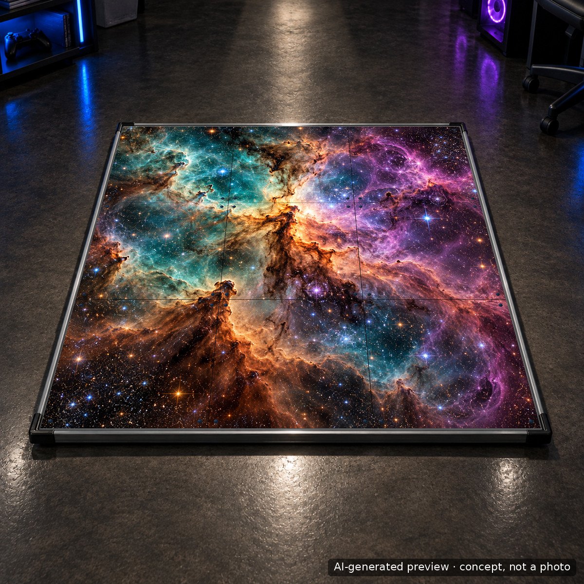 9枚すべてのパネルに星雲の写真がプリントされた「L-TEK PRO X」のダンスマットが、暗いゲームルームの床に敷かれている。