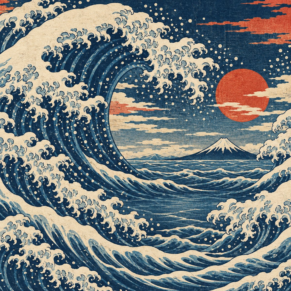 9枚すべてのパネルにAI浮世絵の波が描かれている：アップロードされたままの平面作品