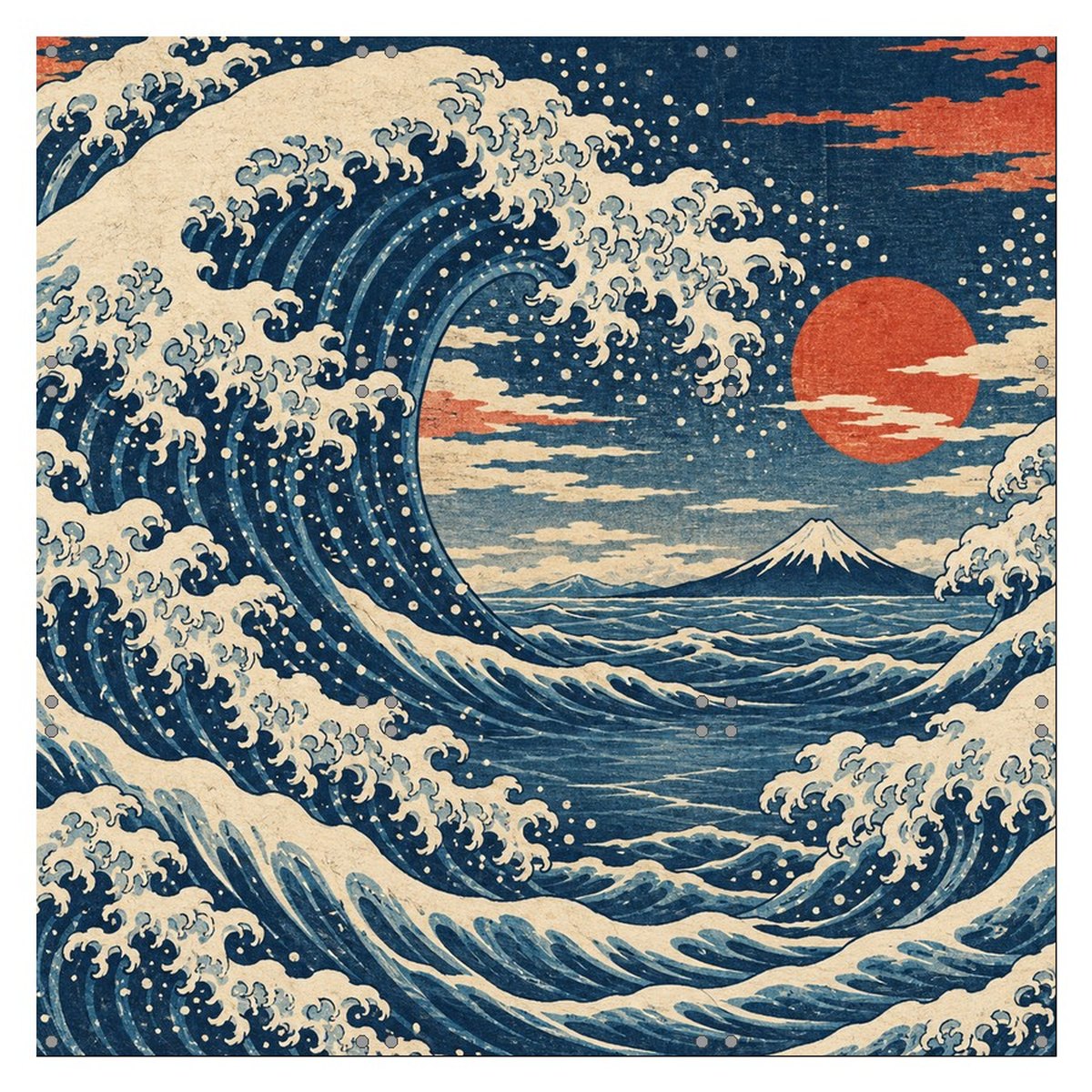 9枚すべてのパネルにAI浮世絵の波が描かれている：3×3のグリッドのうち、どのパネルにその版画が描かれているか